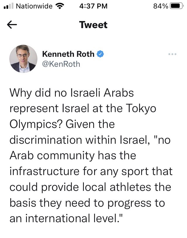marilynnefriedm's tweet photo. You’d think, after loudly lamenting the lack of #Arabs in #Israel’s #Olympics delegation, @KenRoth would heartily tweet #Mabrook and/or #MazelTov at #IyadShalabi, an Arab #Israeli #swimmer, on winning #isr first #Paralympics medal - gold at that. Anyone else think that? https://t.co/V3T3QsH0Ee