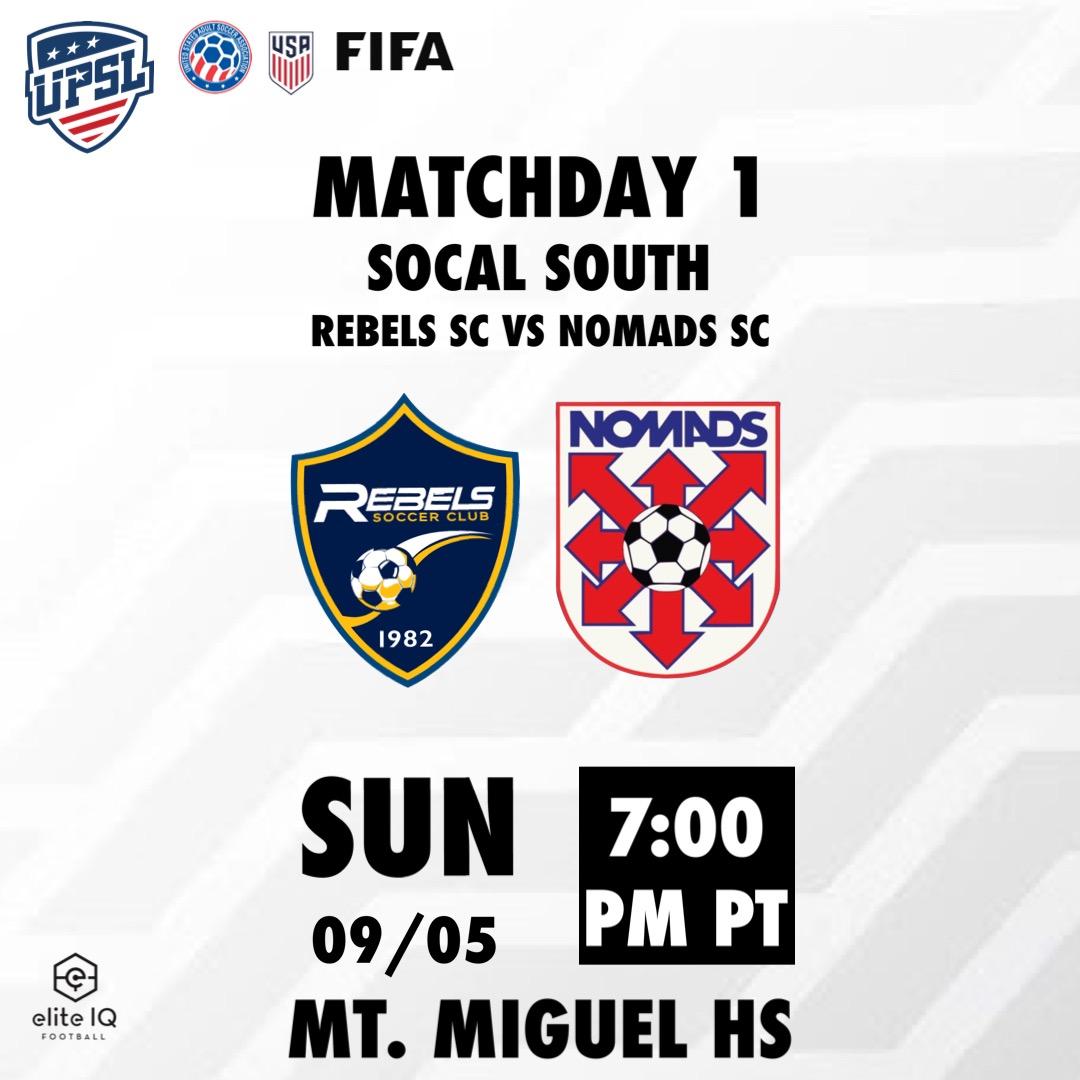 Fall 2021 <a href="/UPSLsoccer/">UPSL</a> opening match.
🗓 Sunday September 5th
🆚 <a href="/NomadsSC_UPSL/">Jason Diaz</a>
🏟 Mount Miguel High School 
🕐 7 PM PDT
🎟 FREE!
<a href="/NomadsClub/">Nomads Soccer Club</a>
<a href="/RebelsSDSoccer/">Rebels Soccer Club</a> 
#UPSL
#Nomads
#RebelsSC