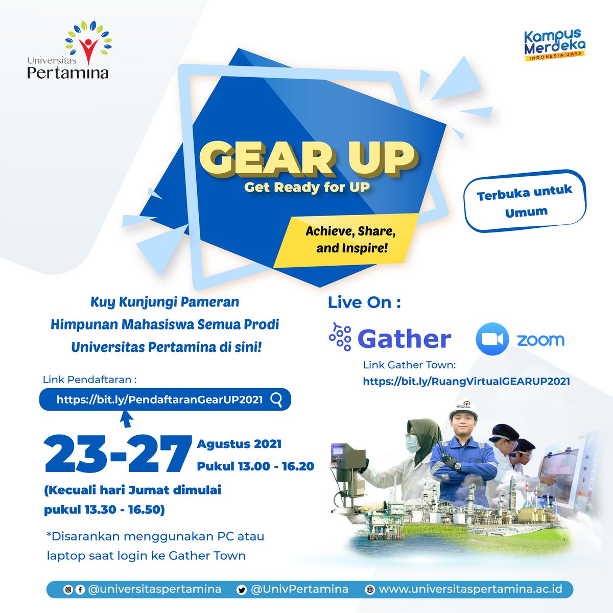 Yuk, lebih dekat dengan @univpertamina !

23-27 Agustus ini Universitas Pertamina mengadakan acara untuk Sobat Muda agar lebih dekat Program Studi &amp; Himpunan Mahasiswa di GEAR UP (Get Ready For Universitas Pertamina)👍🏽
Buruan daftar! bit.ly/PendaftaranGea…

#universitaspertamina
