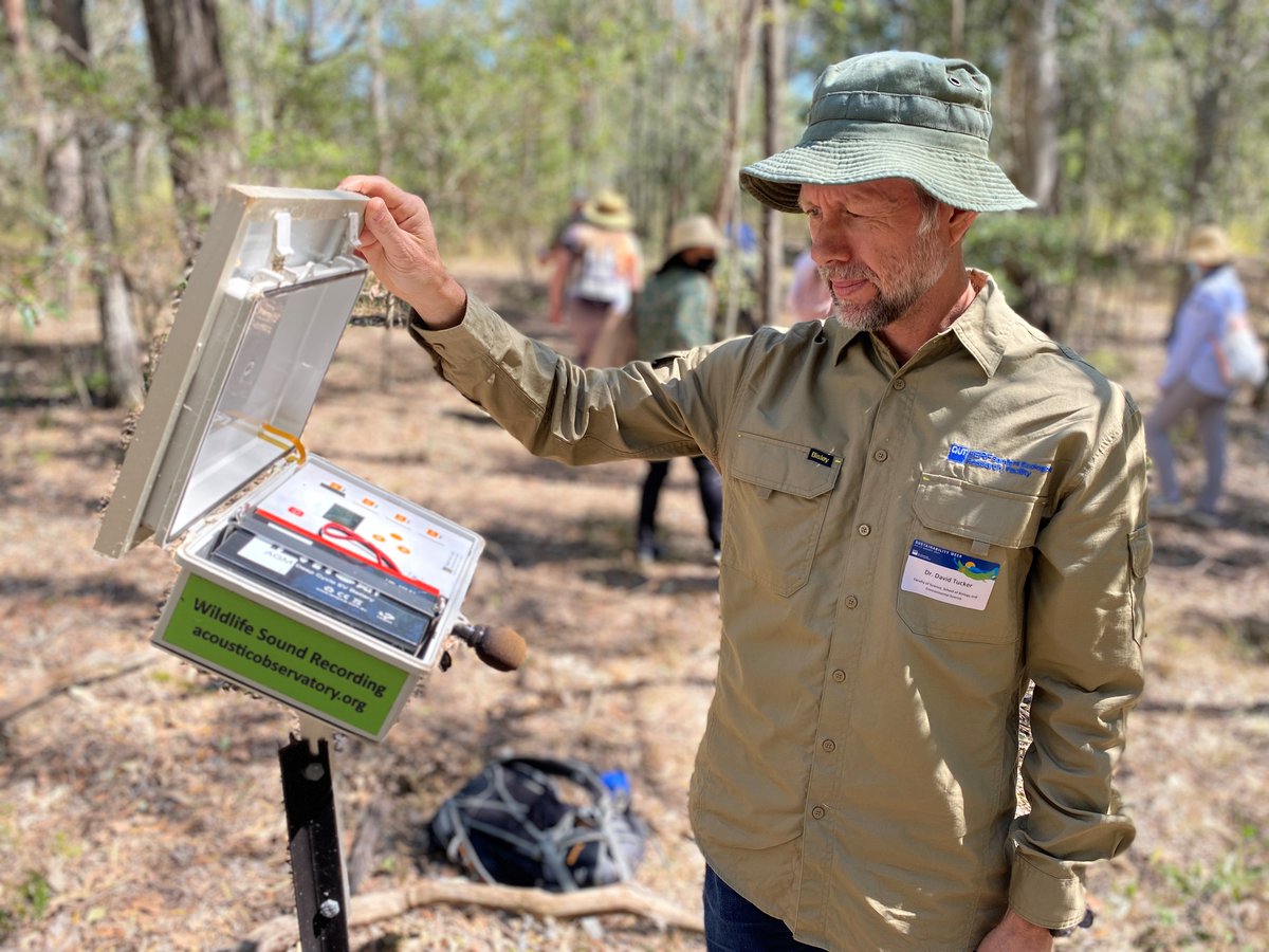 QUT's tweet image. Today we visited Samford Ecological Research Facility (#SERF) to hear about research being undertaken on site. Pictured, Dr David Tucker checks one of his acoustic recorders that are part of a National network that records wildlife noises. #QUTSustainabilityWeek