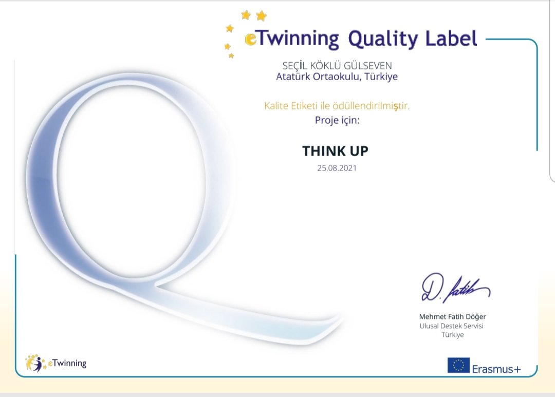 Ve “THINK UP” #eTwinning projemiz de kalite etiketi ile ödüllendirilmiştir. Emek veren başta canım #yunusemreatatürk 5H sınıfı öğrencilerime ve proje ortaklarıma sonsuz teşekkürler.<a href="/SeckinOzdemir/">Seçkin Özdemir</a> 
<a href="/tretwinning/">eTwinning Türkiye</a> <a href="/ManisaTwinning/">eTwinningManisa</a> <a href="/yunusemre_mem/">Yunusemre İlçe Milli Eğitim Müdürlüğü</a> <a href="/il_mem_45/">Manisa İl Millî Eğitim Müdürlüğü</a>