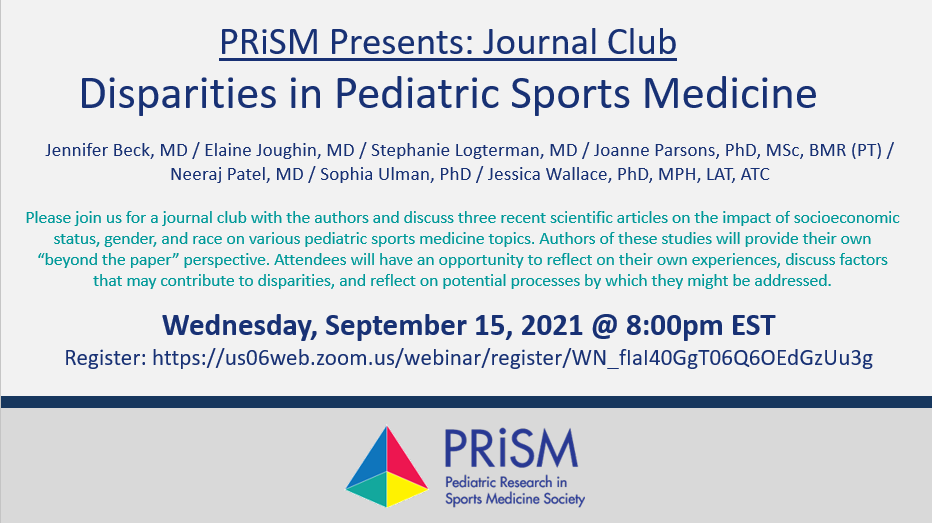 Reminder: Fall Journal Club Next Week! A look at several papers investigating disparities in pediatric sports medicine, discussed by the authors themselves. Should be an interesting look at a timely topic. Registration is still open: us06web.zoom.us/webinar/regist…

WED 9/15/21 - 8PM EST