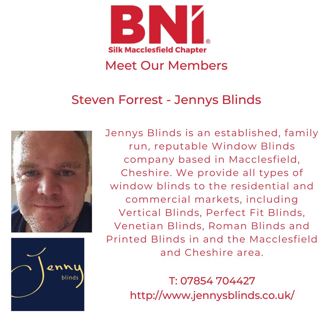 BNI Silk Macclesfield - Meet Our Members

Steve Forrest - Jennys Blinds

Jennys Blinds is an established, family run, reputable Window Blinds company based in Macclesfield, 
Cheshire. 

T: 07854 704427
  
jennysblinds.co.uk