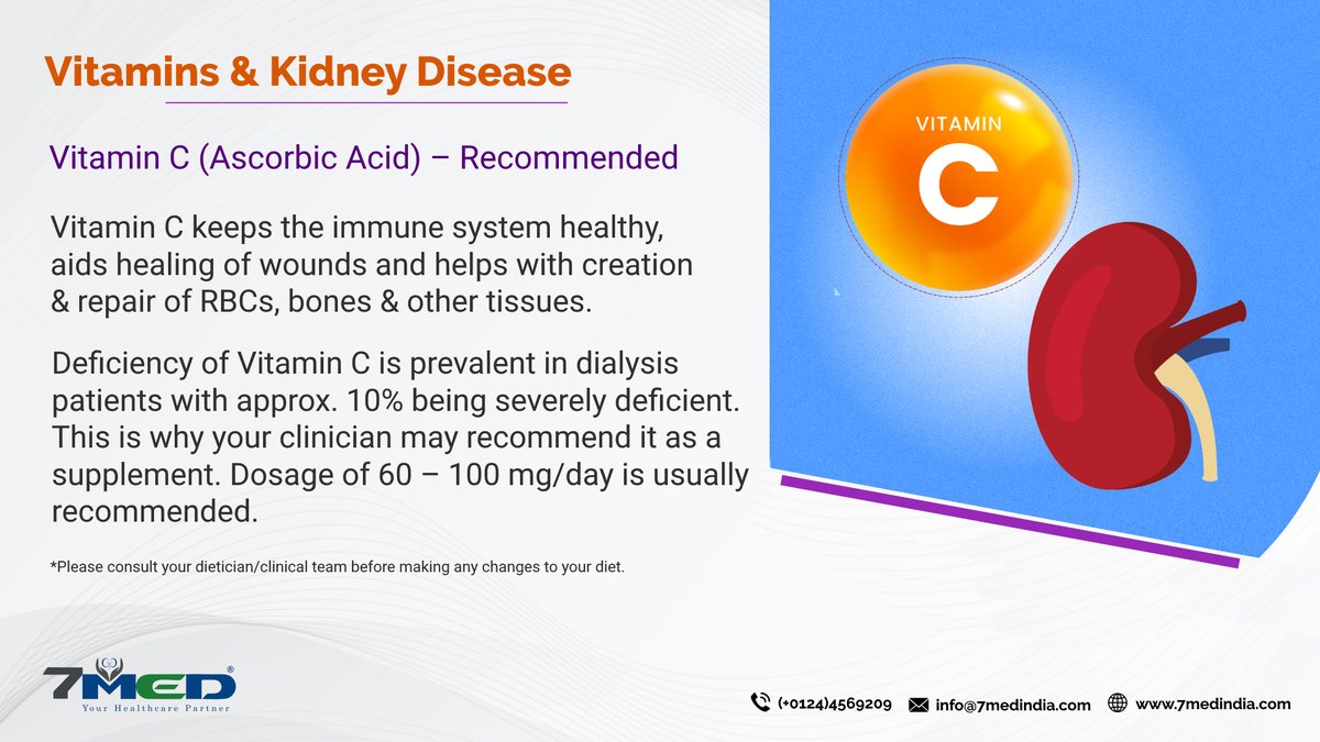 7medIndia's tweet photo. #Vitamin C deficiency can lead to fatigue, anaemia &amp; scurvy.

#7Med #7MedIndia #ChronicKidneyDisease #FIDNEY #Health #Dialysis #PartnerInHealth #Nephrology #Hemodialysis #DialysisPatientCareProgram #DPCP #KeepingPatientsFirst

SRC(s): https://t.co/lWrJrjLkuH https://t.co/mHHy5WZVAM