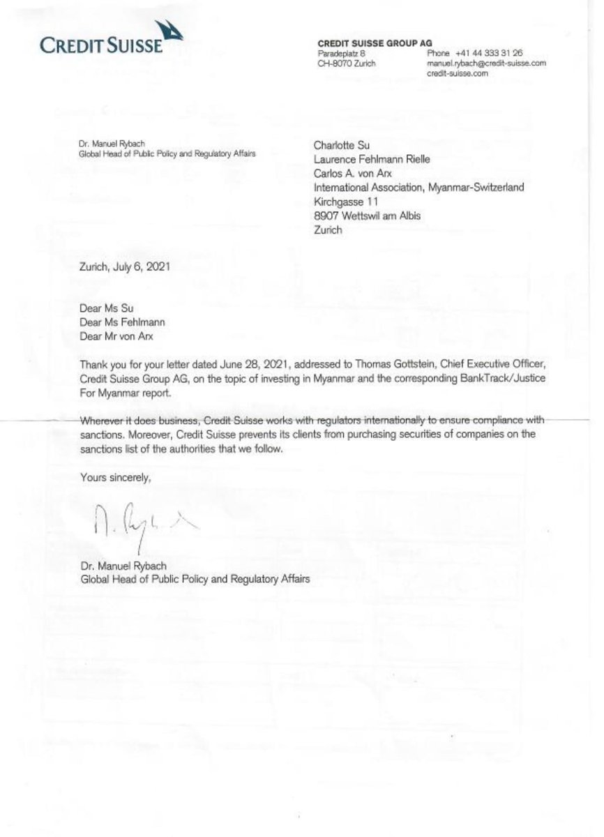 Replies from <a href="/CreditSuisse/">Credit Suisse</a> &amp; <a href="/UBS/">UBS</a> to 📩 from International Assoc, Myanmar-Switzerland. Banks must take urgent action on investments linked to #Myanmar junta + its biz. Response from Credit Suisse is alarming, confusing their human rights responsibilities w/ sanctions compliance🤔