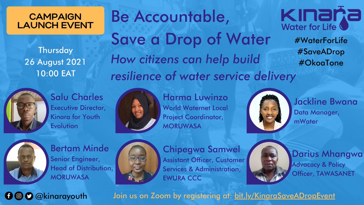 kinarayouth's tweet photo. At 10am EAT, we launch our “Be Accountable, Save a Drop of Water” campaign in our #WaterForLife project! Taking #BuildingResilience from the bottom-up, we discuss: "How citizens can help build resilience of water service delivery”. #SaveADrop #OkoaTone #WorldWaterWeek #WWWeek https://t.co/Qh1Qd9jx2j