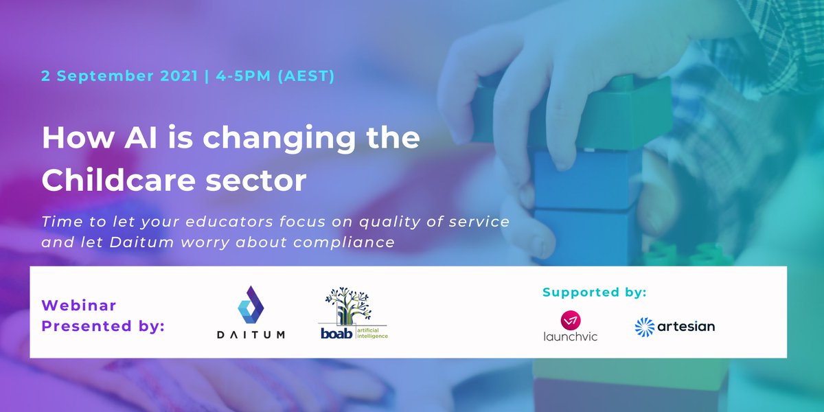Compliance is huge &amp; rostering an arduous process in #childcare What if rostering is done at click of a button, while also maximising compliance? Join us 2 Sep at 4pm to hear how <a href="/DaitumAnalytics/">Daitum</a> technology does this. Register zoom.us/webinar/regist… <a href="/launchVic/">LaunchVic 🚀</a> <a href="/artesianvc/">artesian</a> #AI