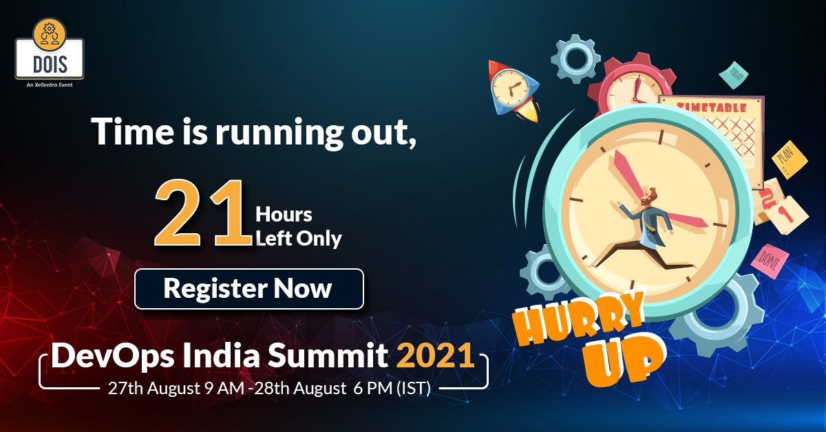 21-hours remaining for the Biggest Conference - DevOps India Summit 2021! 🎉 Get set to enter the awesome #platform of #DOIS21 to experience #greatlearning, #interactions, #engagements, and also enjoy #yogasessions, #DJparties, etc. 
Register quickly! devopsindiasummit.com