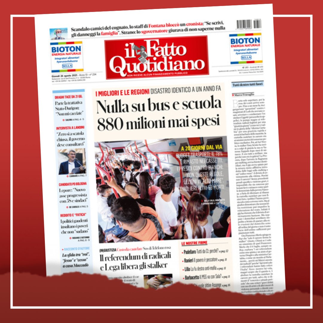 fattoquotidiano's tweet photo. LA PRIMA PAGINA
Nulla su bus e scuola. 880 milioni mai spesi 📌 https://t.co/y0Xs11gTb8 #edicola #FattoQuotidiano #26agosto https://t.co/xFem8SB9by