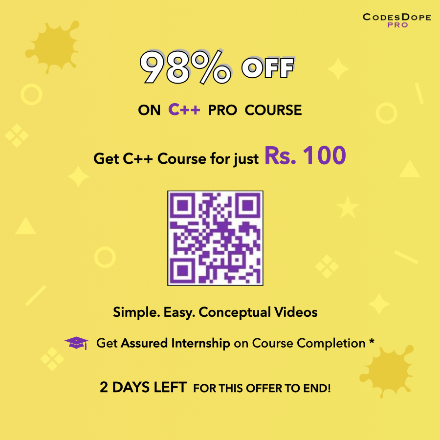 CodesDope's tweet image. Get C++ course at just Rs. 100 at 98% OFF. Offer ends in 2 days! codop.es/start-pro-cpp #Cpp #programming #offer