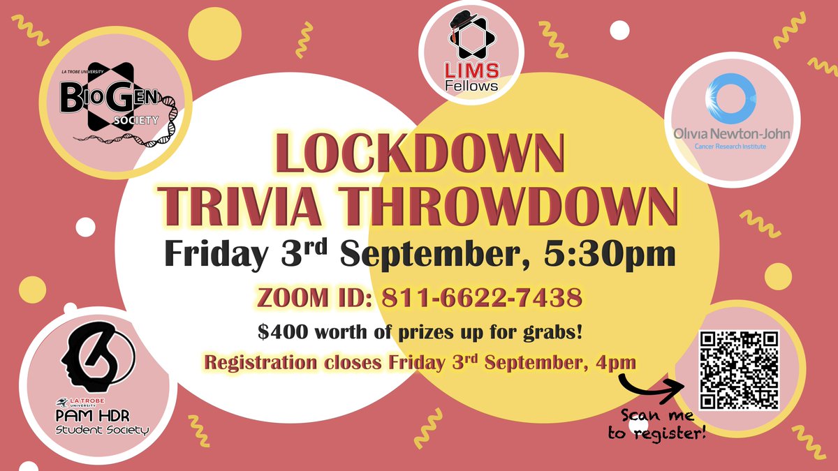 Time for another great lockdown trivia throwdown📚🤓💥Come along next Friday (3rd September) for some good times, and a chance to win great prizes 💸! Registration is through the QR code - can't wait to see everyone there!! 🎉🎉