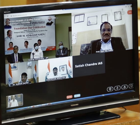 VPIndia's tweet photo. The Vice President, Shri M. Venkaiah Naidu virtually addressing the Foundation Day celebration of the Central University of Andhra Pradesh, Ananthapuramu. #CUAP #Education https://t.co/bpQNB1w35K