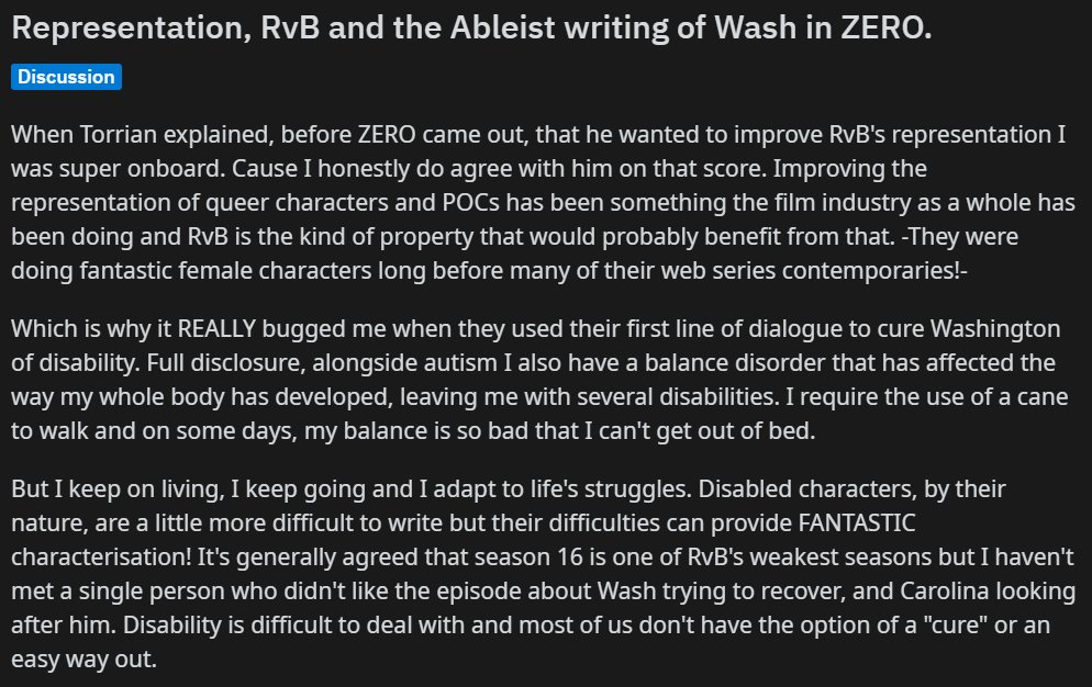 JamesVermont1's tweet photo. I try not to jump on the hate train of #RvBZERO because I'm not a fan of adding fuel to the fire, but I couldn't shut up about a deeply frustrating flaw of the season.
The #Ableist "curing" of Washington's disability.
Spoilers before for RvBZERO and RWBY Volume's 3/4 https://t.co/B0ojSymjV2