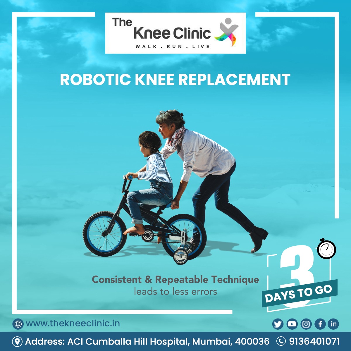 Countdown Begins for our New Robotic Friend! #PainlessTreatment - 3 Days to go 

'Taking the pain out of Knee Replacement Surgeries with our Robotics-Assisted Knee Replacement Platform'
#RoboticKneeReplacement #kneepain #Mumbai #TheKneeClinic