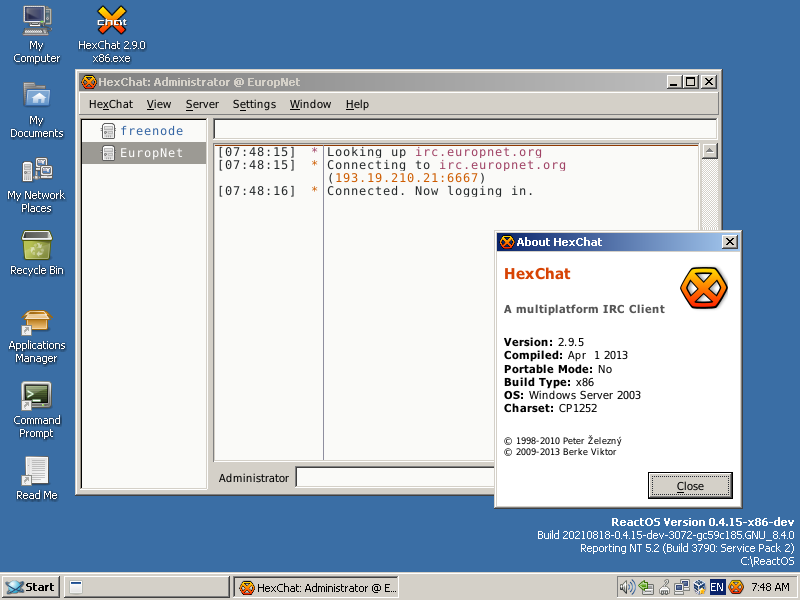 reactos's tweet photo. After installing MFC, homemade VB6 and VC2010 runtimes from RAPPS and using compatibility settings, HexChat 2.9.5 works on #ReactOS!
Test: @julenuri
@HexChat
#SoftwareReverseEngineering #SoftwareTesting #softwaredevelopment #developer #opensource https://t.co/WPnJqt3nUy