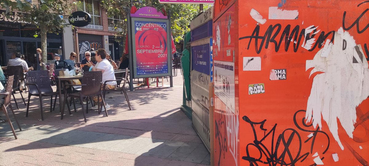 Cruce de San Quirce con Imperial.

Tras el paso de cebra te encuentras con:
Buzón
Contenedores de aceite, de Vidrio, de Cartón, de Sal
Panel Informativo
2 terrazas que ocupan todo el espacio
Poste informativo
Bancos árboles y sombrillas
¿Por dónde pasa alguien en silla de ruedas?