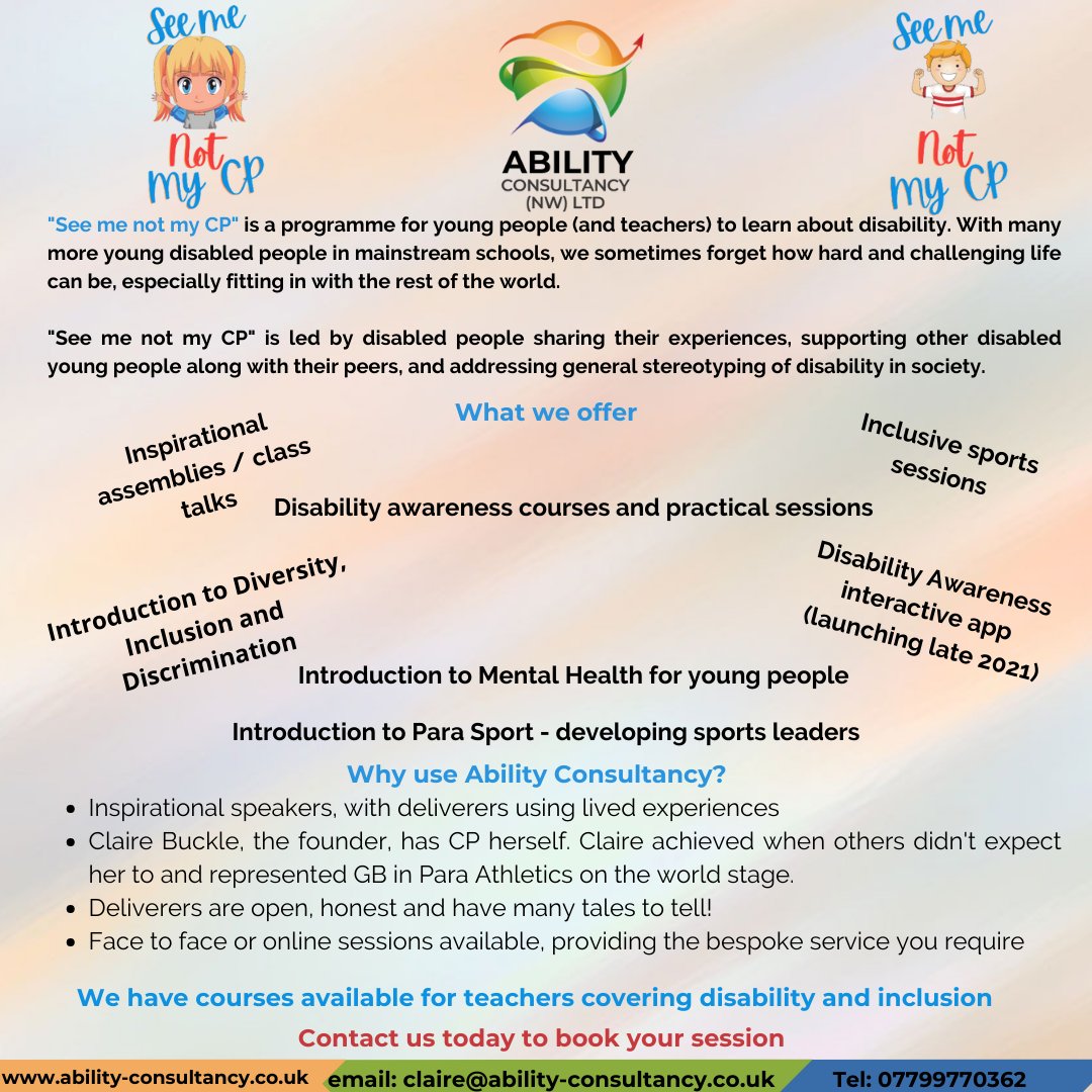 abilityconsult2's tweet photo. Do you have young disabled people in school? Are they fully engaged? Do they take part in sport and are they included?  We can support you &amp; young disabled people with our 'See Me Not My CP' programme  
#ReducingStigma, #DisabilityBeingTheNorm #Inclusion #Accessibility https://t.co/yApJrBZkSM