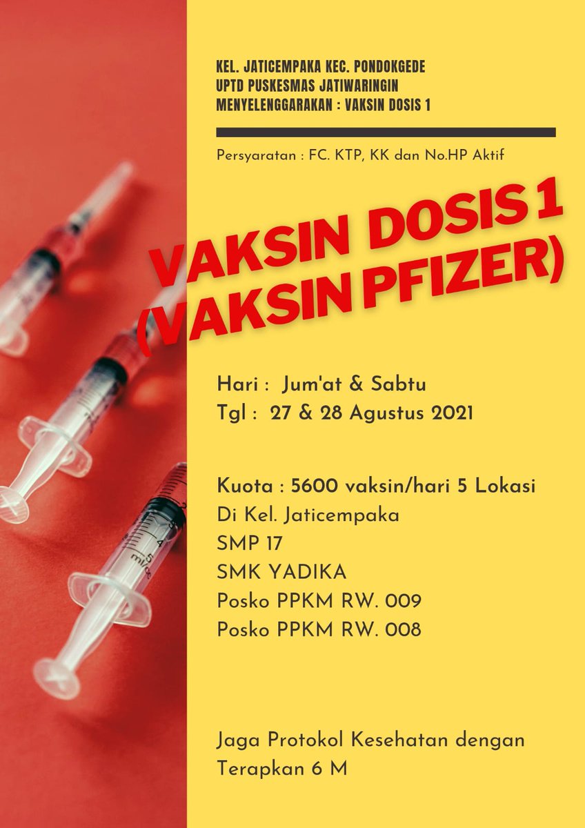 Sekilas info buat di Daerah Jaticempaka, Pondok Gede, Kota Bekasi. Untuk yang belum dapet vaksin Dos 1-2.
