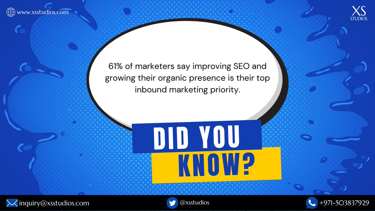 XSstudios's tweet photo. 61% of marketers say improving #SEO and growing their organic presence is their top inbound marketing priority.

For inquiries,
Call us +971-503837929 or
visit https://t.co/4BYolauJ67

#xsstudios #UAE #dubai #digitalmarketing #seoexpert #seostrategy #seoservices #websitetraffic https://t.co/onOpIN0GWR
