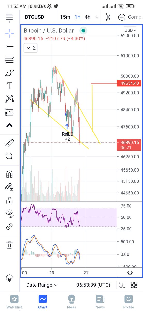 Falling wedge on 1 hour timeframe  Target 49654.!! If it break support line of 46600 then this goes invalid