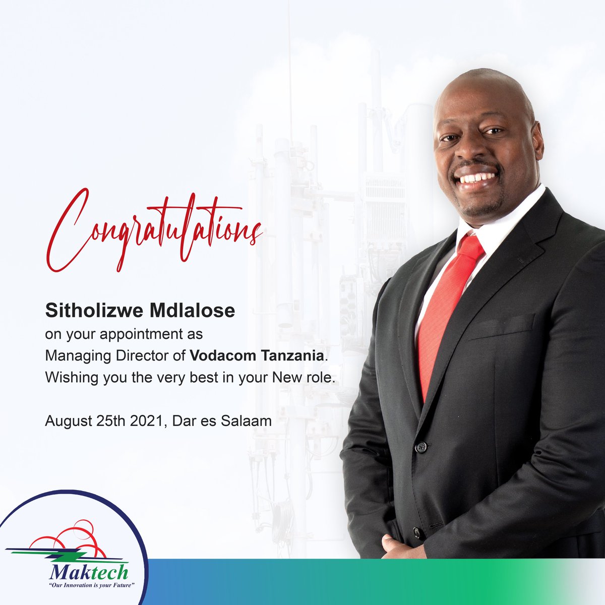 maktechtanzania's tweet photo. @maktechtanzania would like to congratulate the newly appointed Managing Director @Sithomdlalose on his new role. Vodacom Tanzania Plc #vodacomtanzania https://t.co/fZKTo0utZb