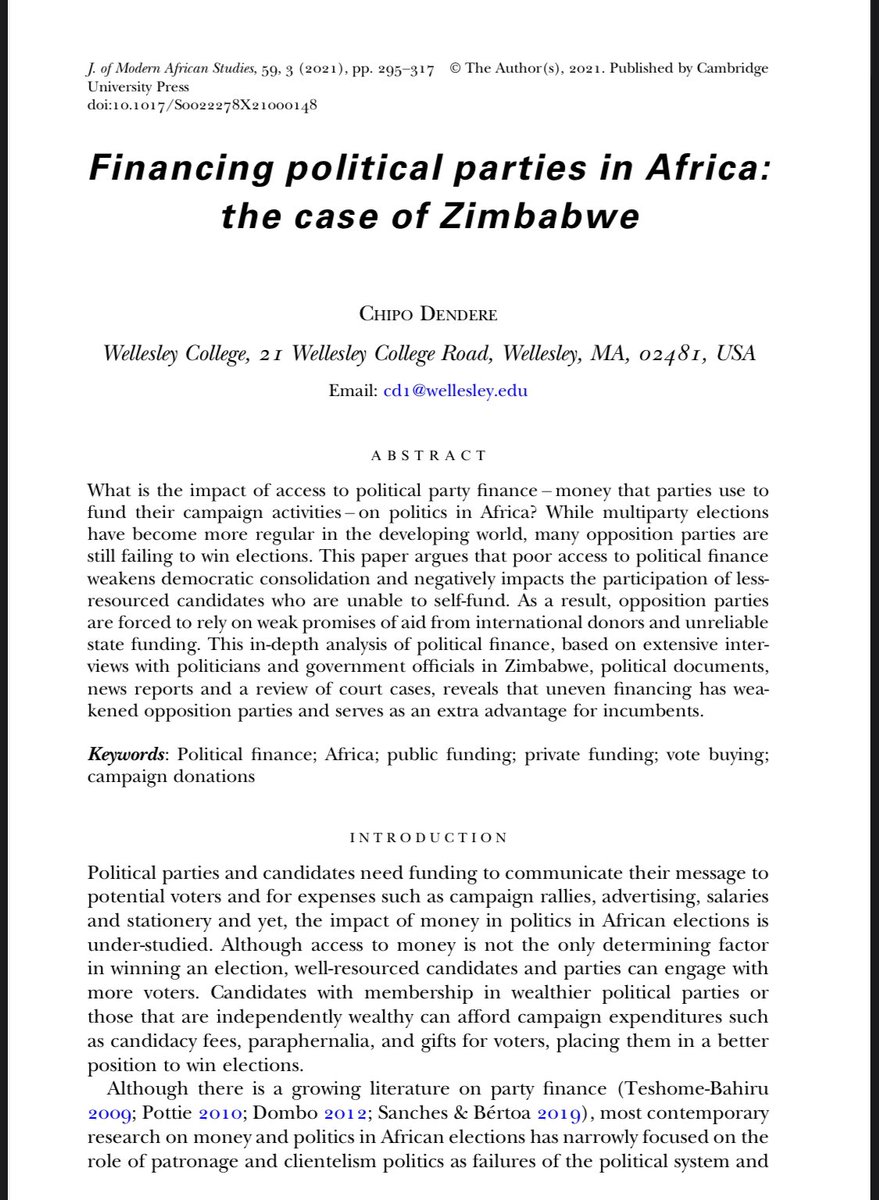drDendere's tweet image. My article on party financing in Africa is out! I study challenges faced by opposition parties in financing elections. Democracy costs $. When parties do not have $ they are likely going to lose.
Download, read, critic, assign
cambridge.org/core/journals/…