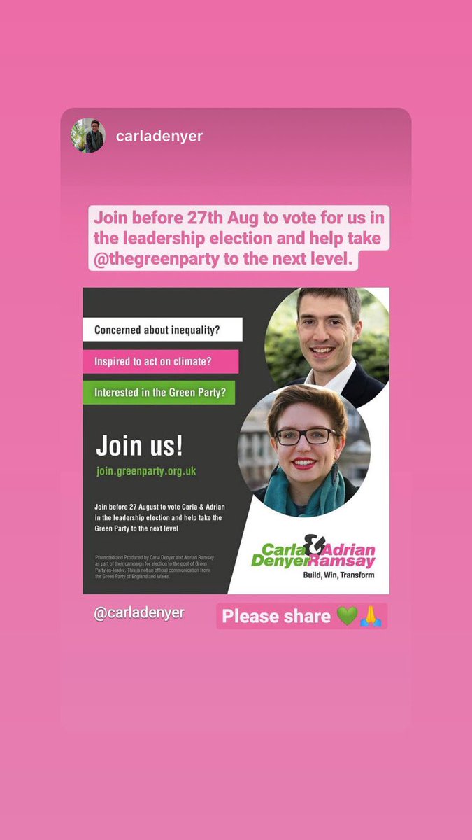 One day left to join @TheGreenParty if you want to be eligible to vote in the upcoming leadership elections! I will be voting for @carla_denyer and @AdrianRamsay, as I think they have what it takes to keep this fantastic Green momentum going #GreenLeadership💚💖