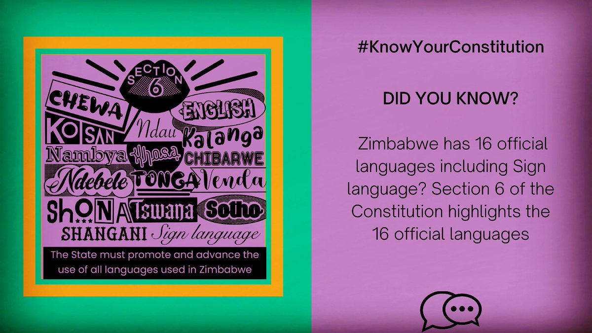 MosioatunyaMag's tweet image. Today we are joining @kubatana to shine a light on Section 6: Languages in the Constitution.

Did you know that Zimbabwe has 16 official languages, including Sign Language?

#KnowYourConstitution #Section6 #MyLanguageMyIdentity