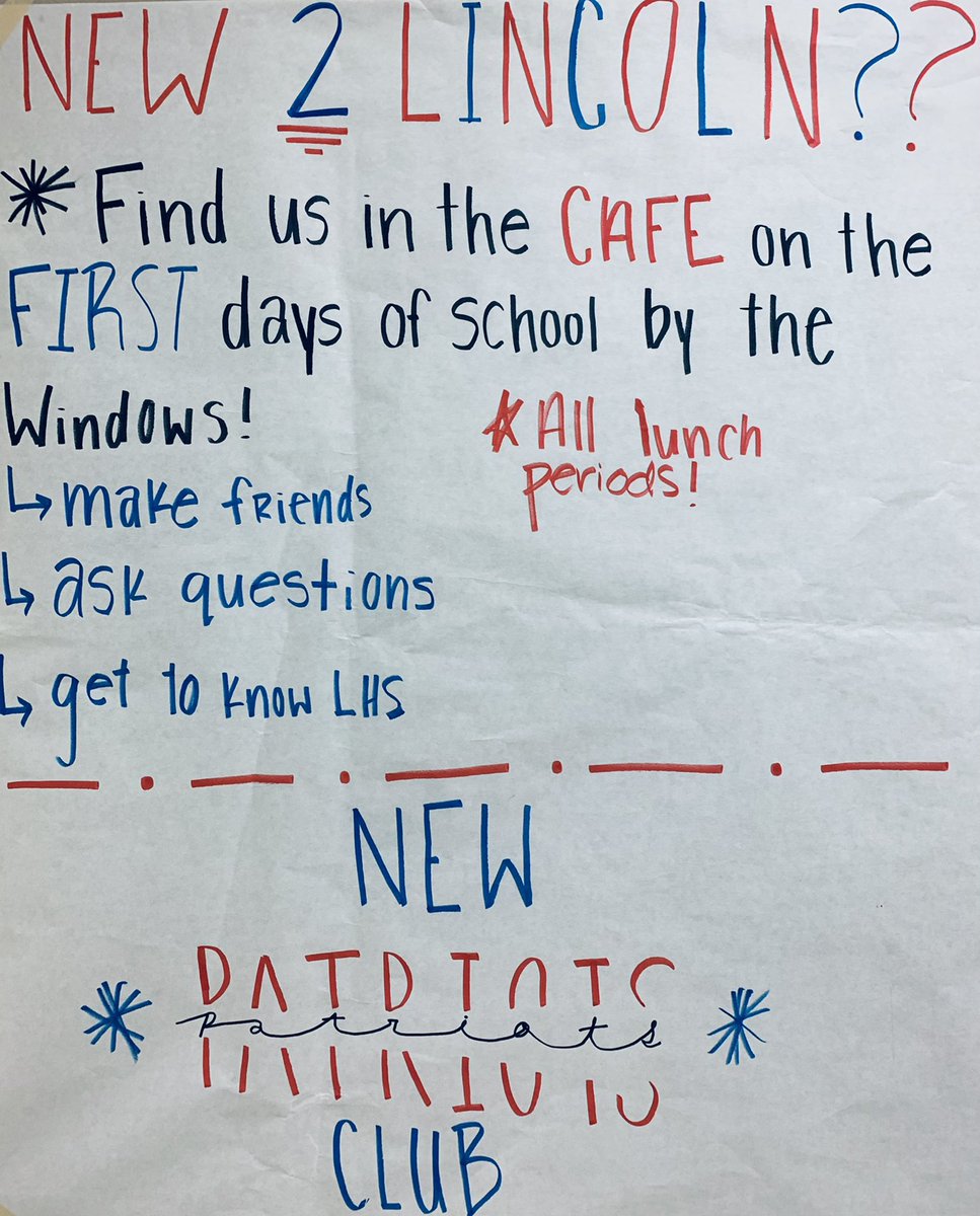 Happy first day!! If you know anyone who is new to Lincoln, either by transfer or just starting high school, please have them check out New Patriots Club. Some veteran Pats are ready and willing to help feel comfortable and at home! @newpatriotsclub