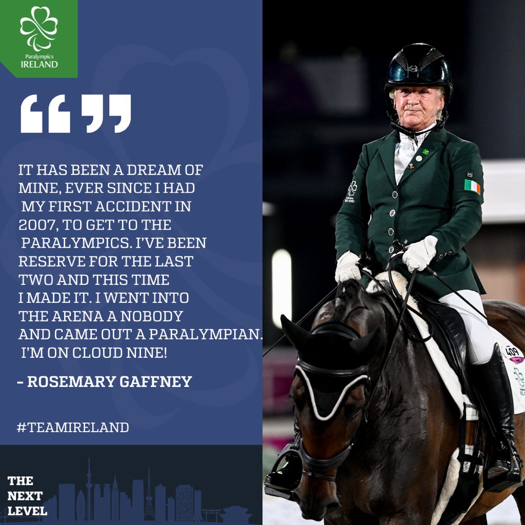 ParalympicsIRE's tweet photo. #ParaEquestrian Rosemary Gaffney and her horse Werona finished 15th place in the Grade IV Dressage with a score of 65.390 🐴 

Sensational quote from Rosemary 👏 

#TeamIreland | #TheNextLevel | #Tokyo2020 https://t.co/ZazxIf40A3