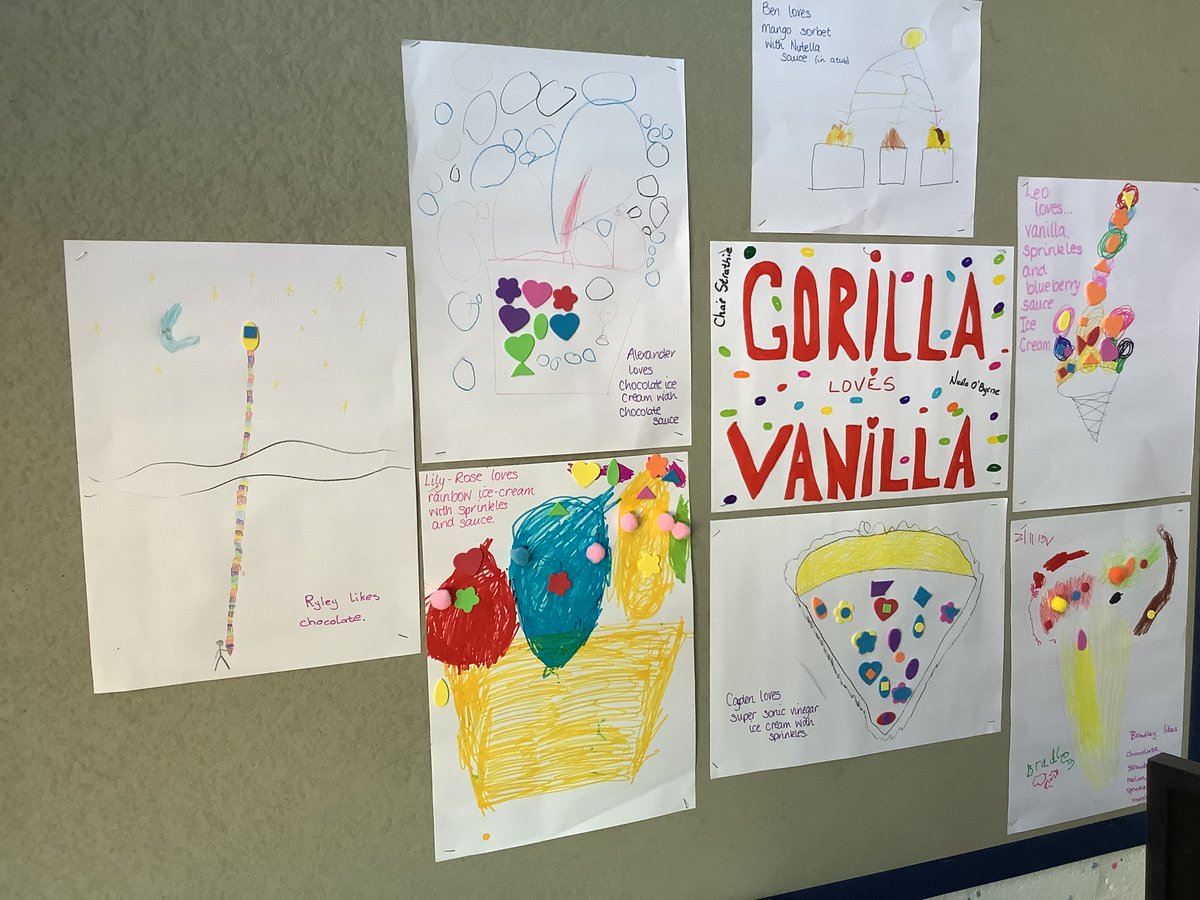 NPS_MrsT's tweet photo. As a class we read “Gorilla loves Vanilla” by @chaestrathie today.  After all our discussing the children designed their own ice creams, using @scentos_weveel pens and pencils to make them both look and smell good! https://t.co/xmXk0RTFJo