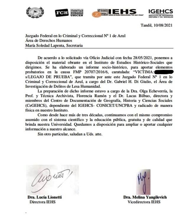 📌A partir de la solicitud del Juzgado Federal Nº 1 de Azul, el IEHS realizó un informe para aportar elementos probatorios en una causa de privación ilegal de la libertad que sufriera una víctima del terrorismo de Estado durante los años 1975 y 1976.