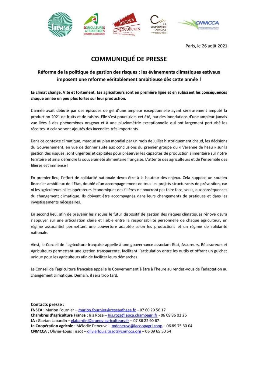 [#CP] Réforme de la politique de gestion des risques : les évènements climatiques estivaux imposent une reforme véritablement ambitieuse dès cette année !
Notre CP avec  <a href="/FNSEA/">La FNSEA</a>, <a href="/lacoopagricole/">La Coopération Agricole</a>, <a href="/ChambagriFrance/">Chambres d'agriculture France</a>, le CNMCCA 👇
bit.ly/3B9eXWk