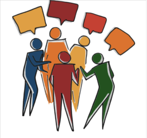 Image shows a drawing of a group of people talking.