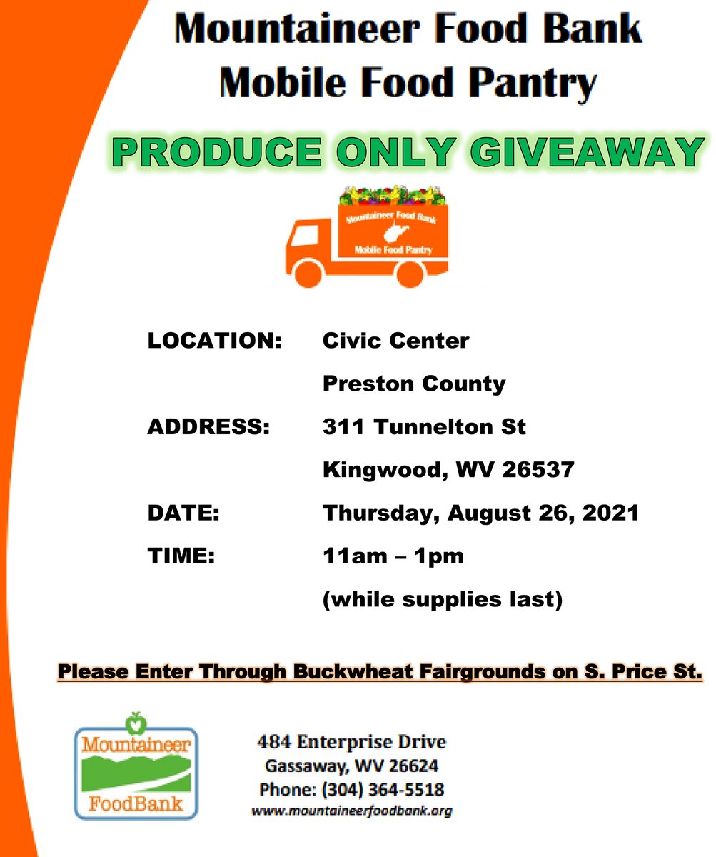 PRODUCE ONLY food giveaway TODAY (Thursday, Aug. 26)!
It runs from 11 a.m.-1 p.m. at the Civic Center in Kingwood!
Enter through the Buckwheat Fairgrounds on S. Price St.