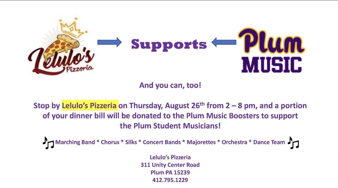 PlumBand's tweet photo. Let’s have pizza tonight!! 2-8pm at Lelulo’s!! Mention the Plum Music Boosters to have a portion of your check donated!! https://t.co/pIrzX5uutR