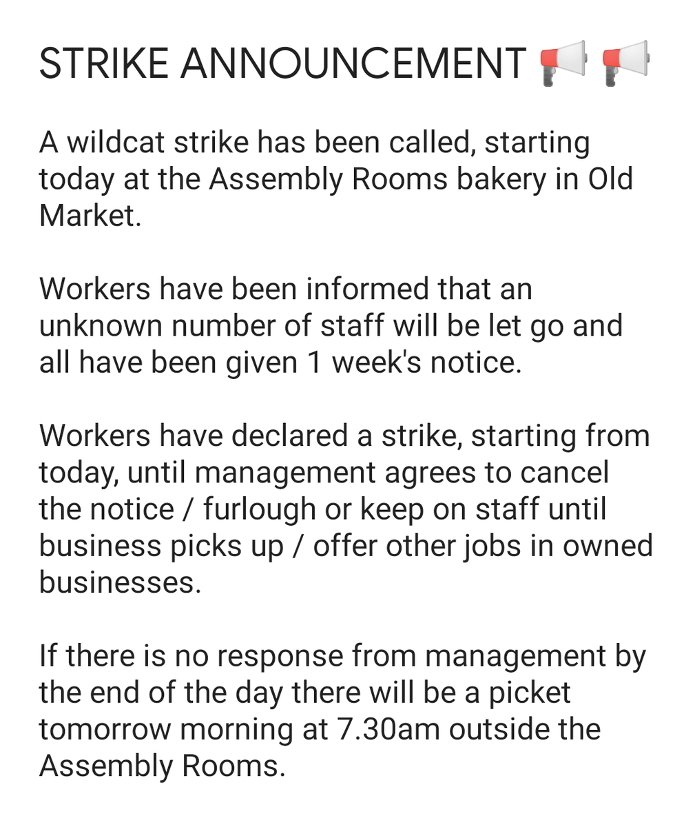 📢📢 We've just heard about a strike called by the staff of <a href="/OMABakery/">The Assembly Bakery</a>, the Assembly Rooms bakery in Old Market! 📢📢

They're being treated shockingly. Support the strike, and come help picket tomorrow if you can! <a href="/BristolIWW/">Bristol IWW 🌍🛠️</a> <a href="/BFAWUOfficial/">BFAWU</a> <a href="/unitesouthwest/">Unite South West</a> @StrikeMapUK #Bristol