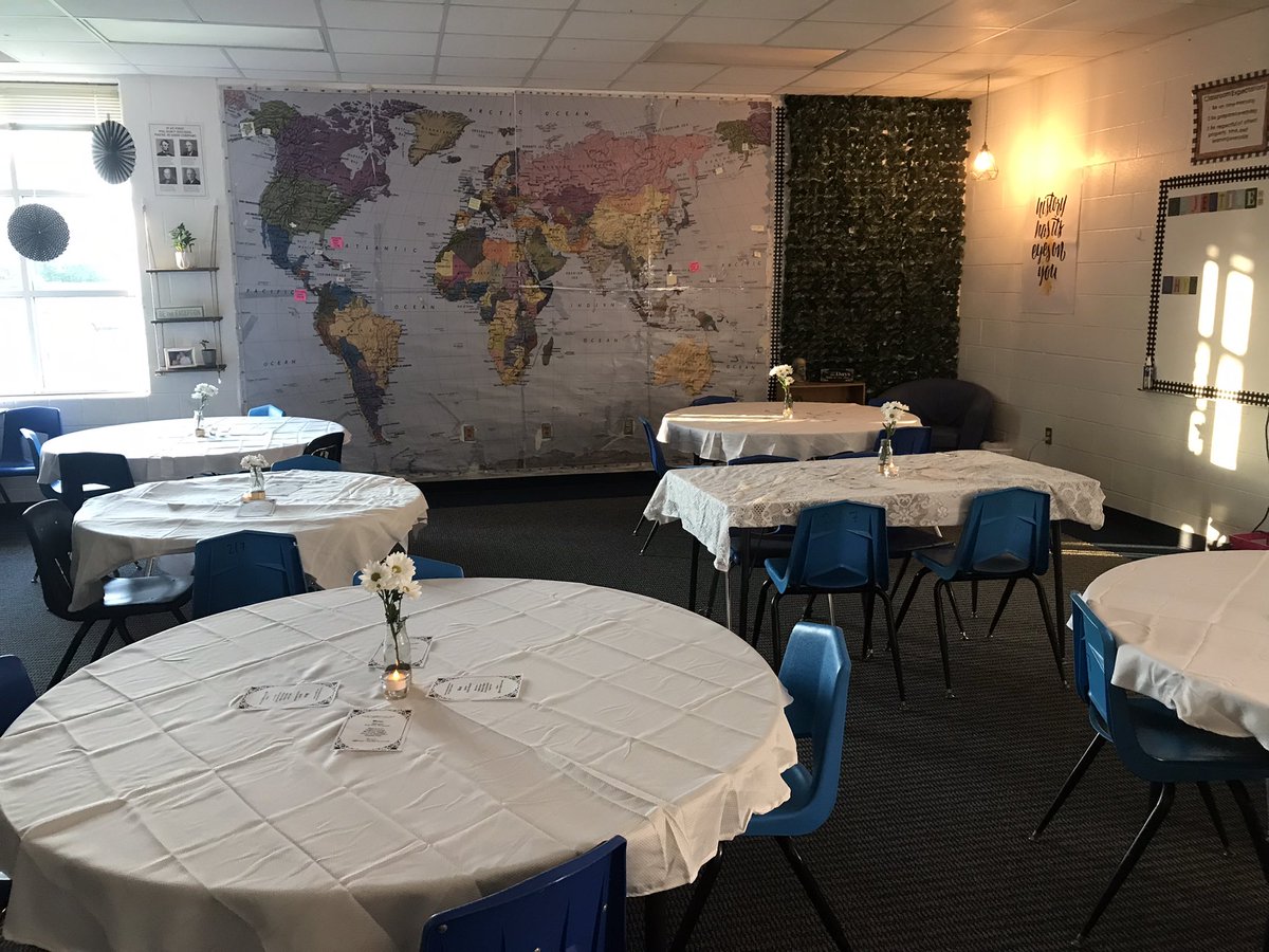 HistoryLessman's tweet photo. Students of Room 217 are cordially invited to a dinner party in the room where it happens today. You already know I love me a good room transformation. @risdHS #RobinsonISD https://t.co/1O6ml3oOgp