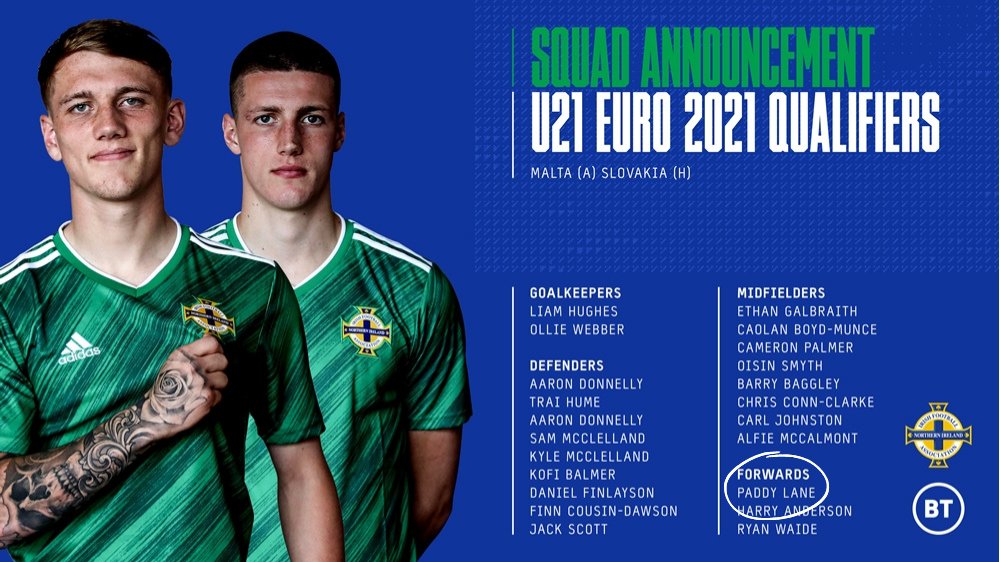 Massive congratulations to Zodiak client Fleetwood Town forward <a href="/ftfc/">Fleetwood Town Football Club</a> <a href="/PaddyLane14/">Paddy</a> for his first call-up to <a href="/NorthernIreland/">Northern Ireland</a> Under-21s squad for their games this month. A big sign hard work pays off.👏

#NorthernIreland | #ftfc | #CodArmy | #HydeUnited