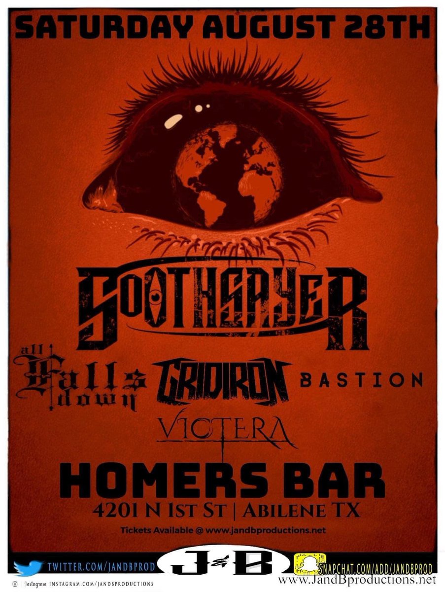 ABILENE, TX!
We got added to this amazing line up This Saturday!
If you’re in the area come to Homer’s Bar and Music Venue. 

We will be joining
Soothsayer TX
All Falls Down
Gridiron
And Victera

This will be our first time playing in Abilene let’s make it a good one 😈