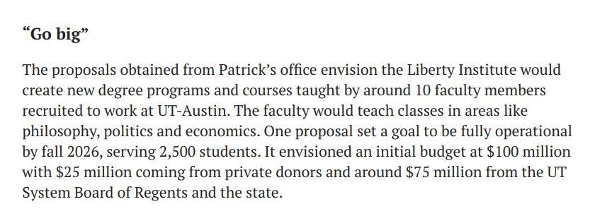 DeLunaEva's tweet photo. So the plan is to have this free-market Liberty Institute be 75% publicly funded?  100% private funding at a private TX university seems a less illogical way to go.

PS: I'm old enough to remember when #txlege conservatives' goal for higher ed in #txbudget was, no special items. https://t.co/SzIdgt6gCO