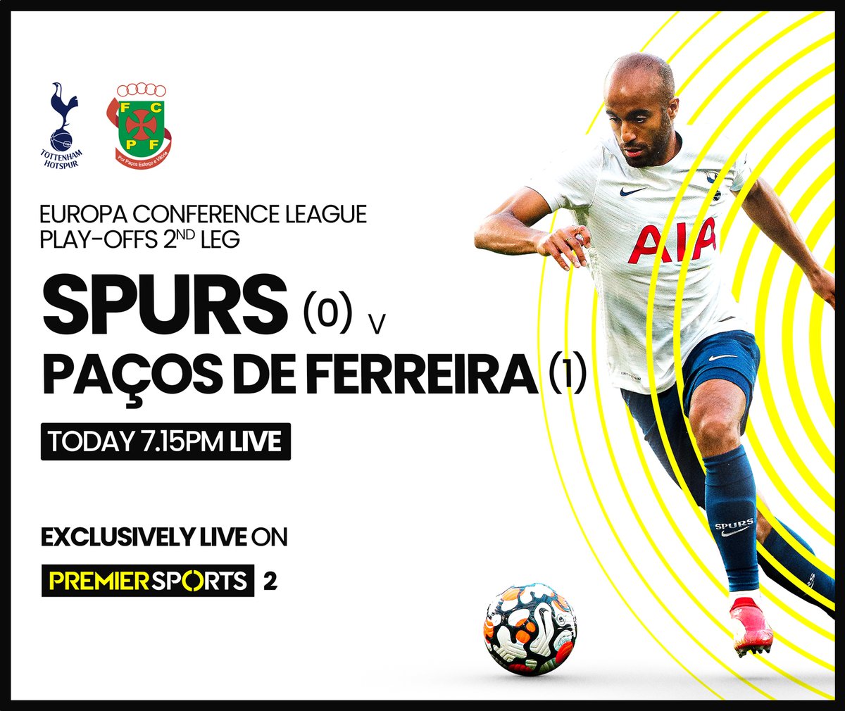 ⚪ 𝗦𝗽𝘂𝗿𝘀 𝘃 𝗣𝗮𝗰̧𝗼𝘀 𝗱𝗲 𝗙𝗲𝗿𝗿𝗲𝗶𝗿𝗮 🟡

<a href="/SpursOfficial/">Tottenham Hotspur</a> host Paços de Ferreira tonight in this #UECL Play-off second leg as they aim to secure European Football for the season ahead!

📺 Watch exclusively live on Premier Sports from 7.15pm: bit.ly/3sPpy5X