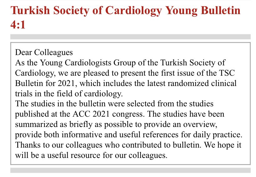 Hot from the press! 

New bulletin from #TSCYoung covering major RCT’s that were announced during #ACC2021

Stay tuned for #HRS2021 #EuroPCR 2021 and #ESCCongress2021 

tkd.org.tr/tkdgenc/en/