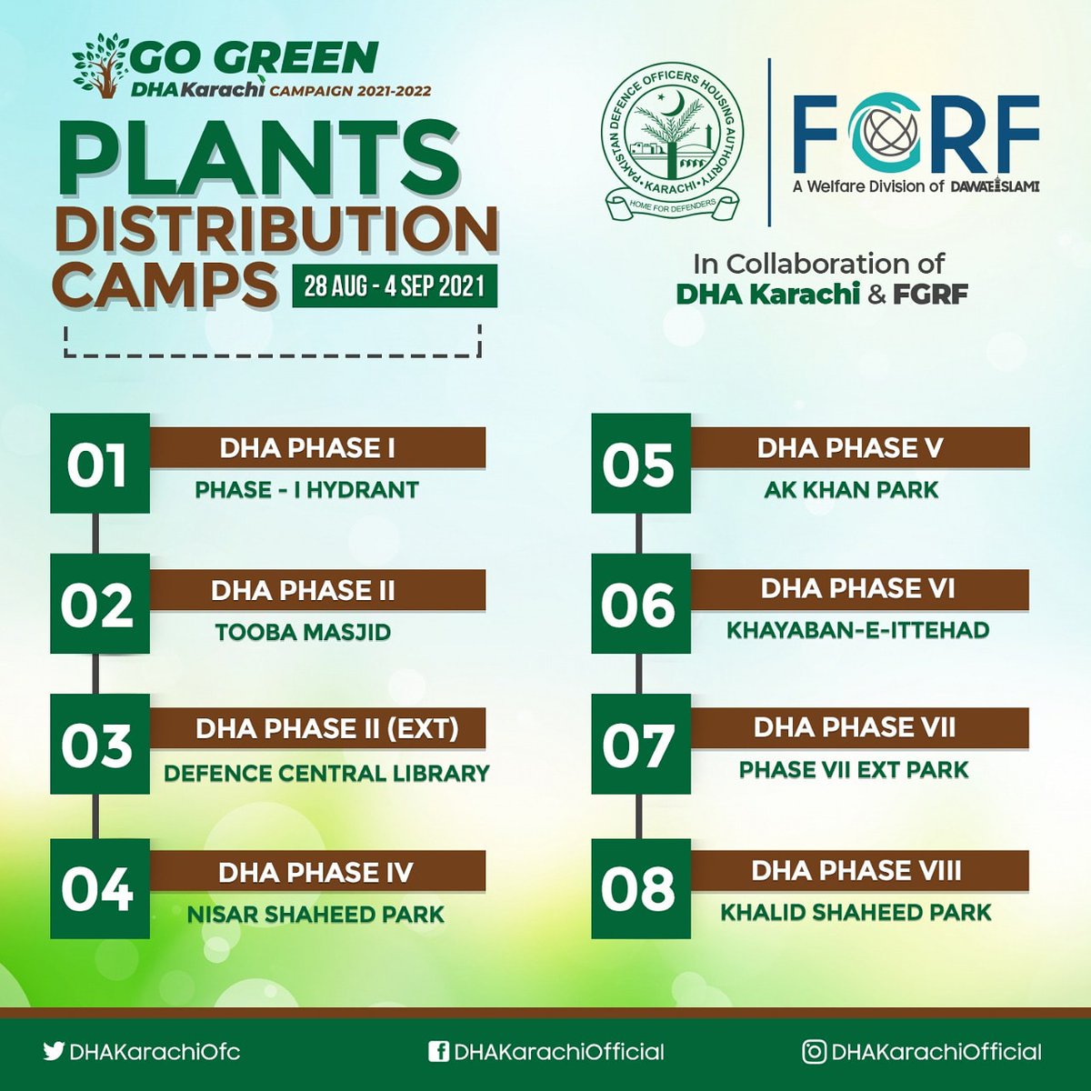 DHAKarachiOfc's tweet photo. GO GREEN CAMPAIGN 2021
DHA Karachi in collaboration with FGRF establishing Free Plant Distribution Camps in all Phases of DHA for the convenience of residents from 28 Aug - 4 Sep 2021.
#DHAResidents #DHAKarachi #GoGreenPakistan #GoGreenSaveGreen #GoGreen2021 #horticulture https://t.co/i4dTXcUHmq
