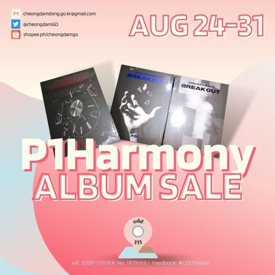 CheongdamGO's tweet photo. ✨ Onhand Albums / PC ✨

UNSEALED Disharmony : Stand Out - ₱160
UNSEALED Disharmony : Break Out / Freak Out - ₱220
SEALED Disharmony : Break Out / Freak Out (with poster) - ₱1,050
MMT POB Photocards - ₱425

🥯https://t.co/uuW5Gx75on

#CDDOnhand #P1Harmony https://t.co/pqm9kXTRFL