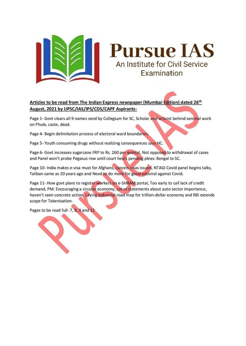 Articles to be read by IAS/IPS/CDS/CAPF Aspirants from The Indian Express newspaper dated 26th August, 2021-
 #pursueiasinstitute  #theindianexpressnewspaper #upsc #upscinstitute #ias #iasinstitute #cds #capf #bestupscinstituteinmumbai    #TheIndianExpress
pursueiasinstitute.com