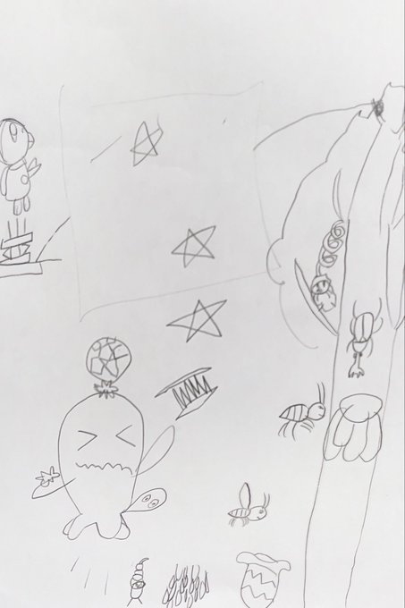 勉強机の椅子の下の収納スペース片付けてたらひじりあまねくん(推定5~7歳)の絵が出てきたってばよ......w 