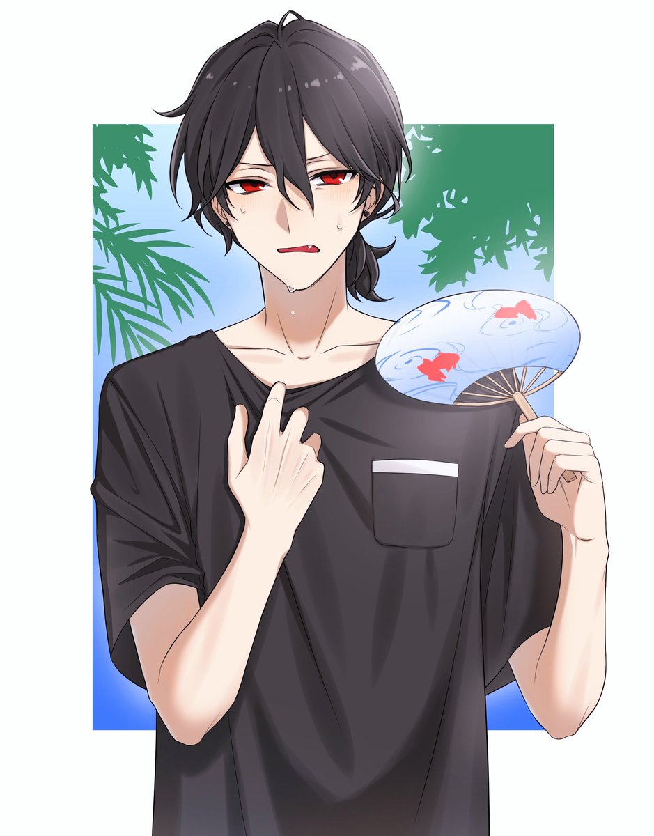 1boy hand fan male focus red eyes solo shirt black hair  illustration images