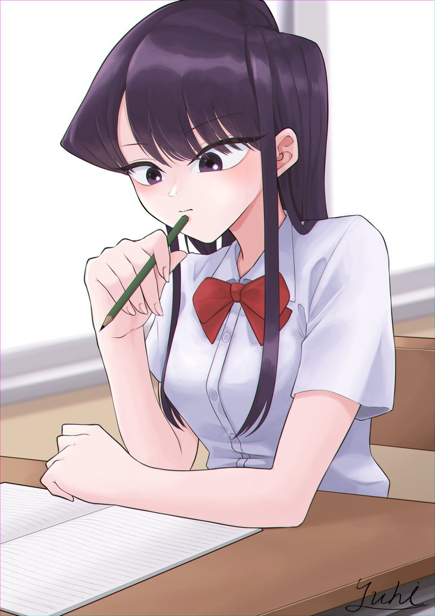 komi shouko 1girl solo school uniform shirt bow black hair long hair  illustration images