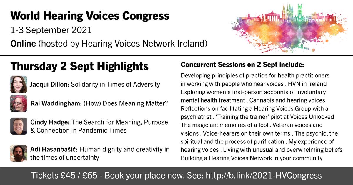 This time next week we’ll be at the World Hearing Voices Congress. @RaiWaddingham, our Chair, is giving a talk and there are lots of interesting talks & workshops on offer. Only challenge is what to choose. You can still book: b.link/2021-HVCongress #WHVC2021 #HearingVoices